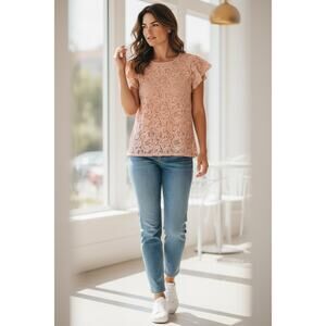 Adrianna Papell Blush Pink Floral Lace Blouse | Size L | Romantic Boho